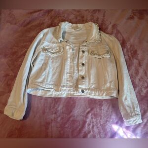 Savanna Jane Pearl-Embellished White Jean Jacket Size Medium